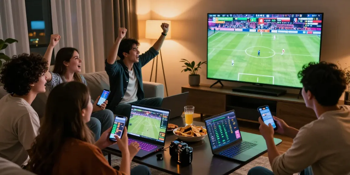 Exciting group watching live sports and placing bets with Velki Login on apps for cricket, football, and tennis.