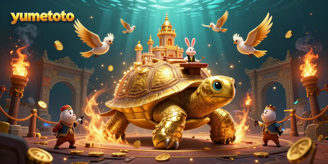 Experience yumetoto with an engaging scene of a golden tortoise casino and a rabbit dealer amidst flying coins.