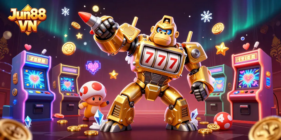 Engage in thrilling gaming action with Jun88 VN's vibrant 3D illustration of a golden gorilla mech.