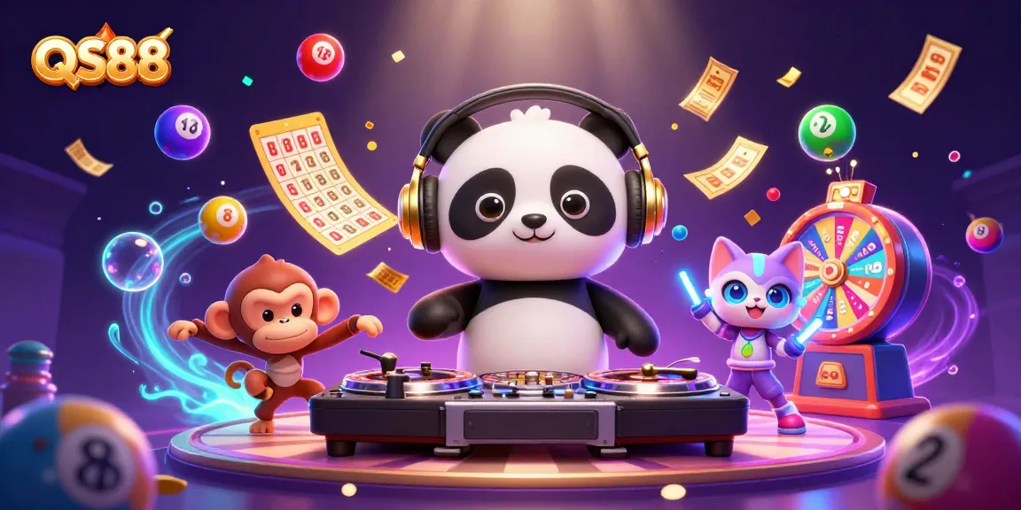 Experience the thrill of playing at QS88 with engaging cartoon characters and vibrant gambling elements.