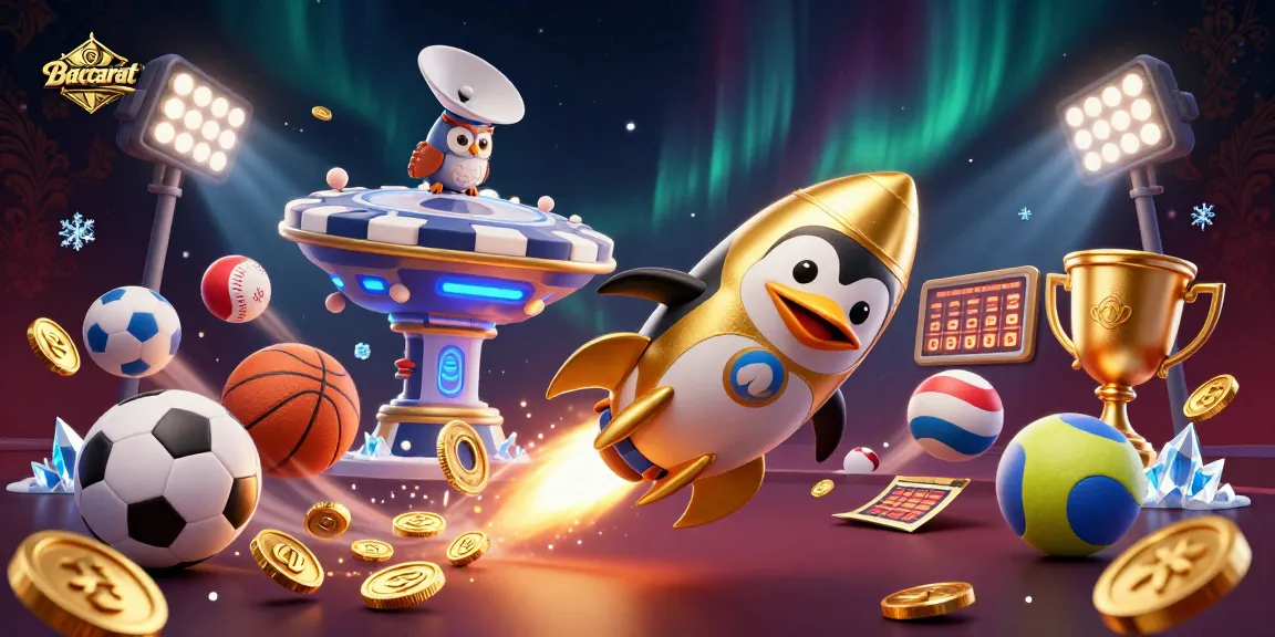 Baccarat scene featuring a golden penguin and sports elements, showcasing dynamic casino action.