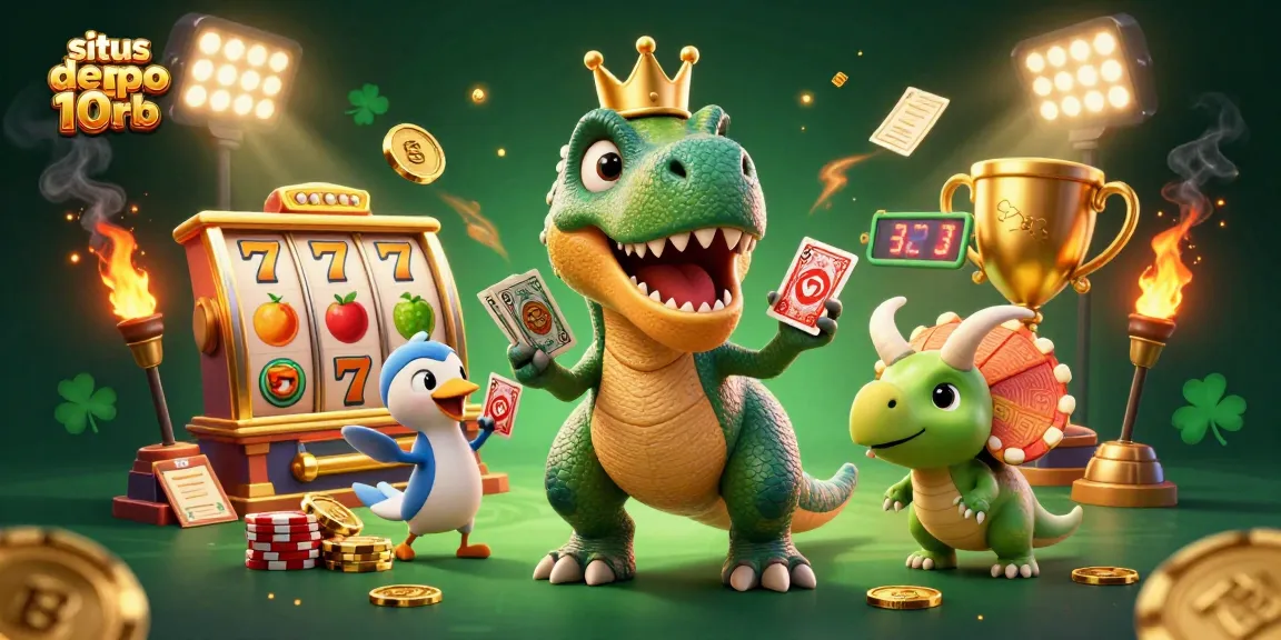 Experience exciting wins with situs depo 10rb as unique characters play and stack chips in a vibrant casino scene.