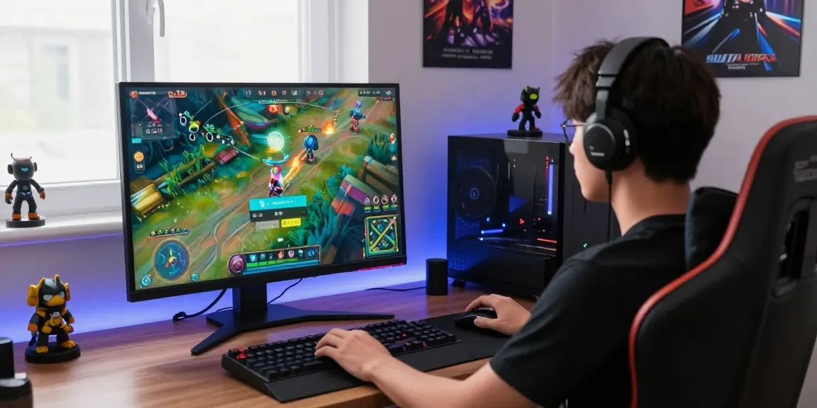 Raja Game login interface shown on a vibrant gaming monitor with accessories highlighting the home gaming setup.