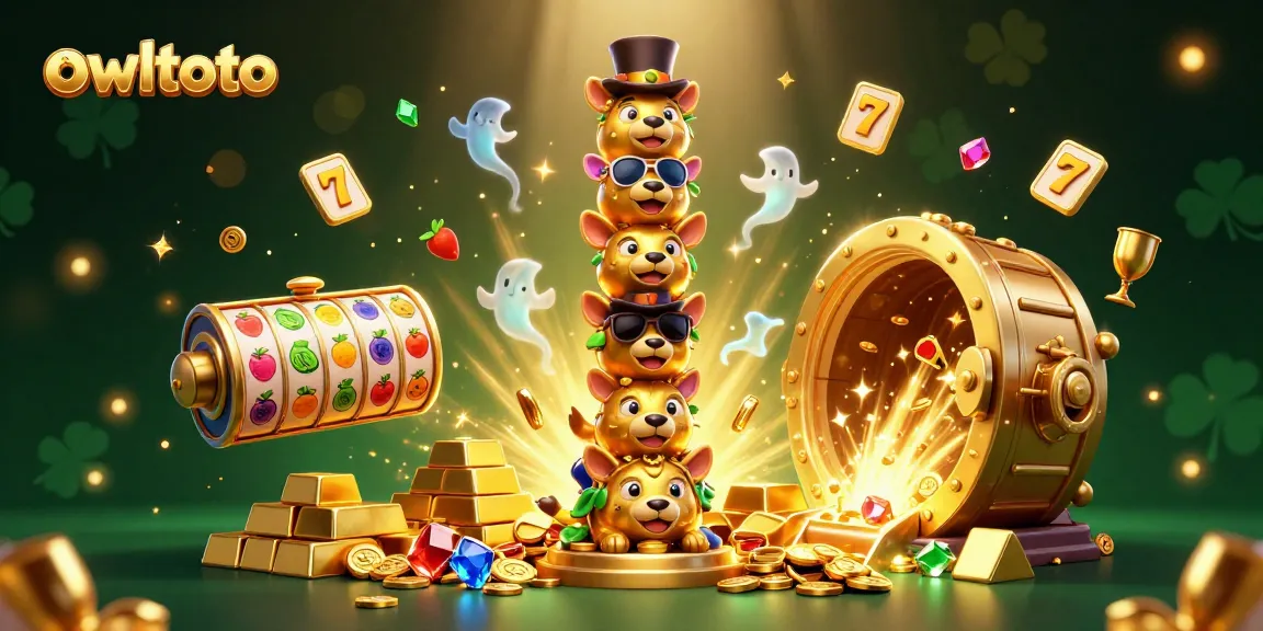 Spin for jackpots at owltoto with vibrant slot reels and golden treasures lighting up the scene.