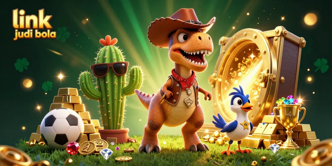 Bet on link judi bola with sports-themed T-Rex and friends in a vibrant casino scene.