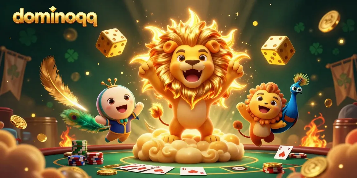 Play dominoqq at a vibrant poker scene featuring a 3D lion with golden dice and dynamic gaming elements.