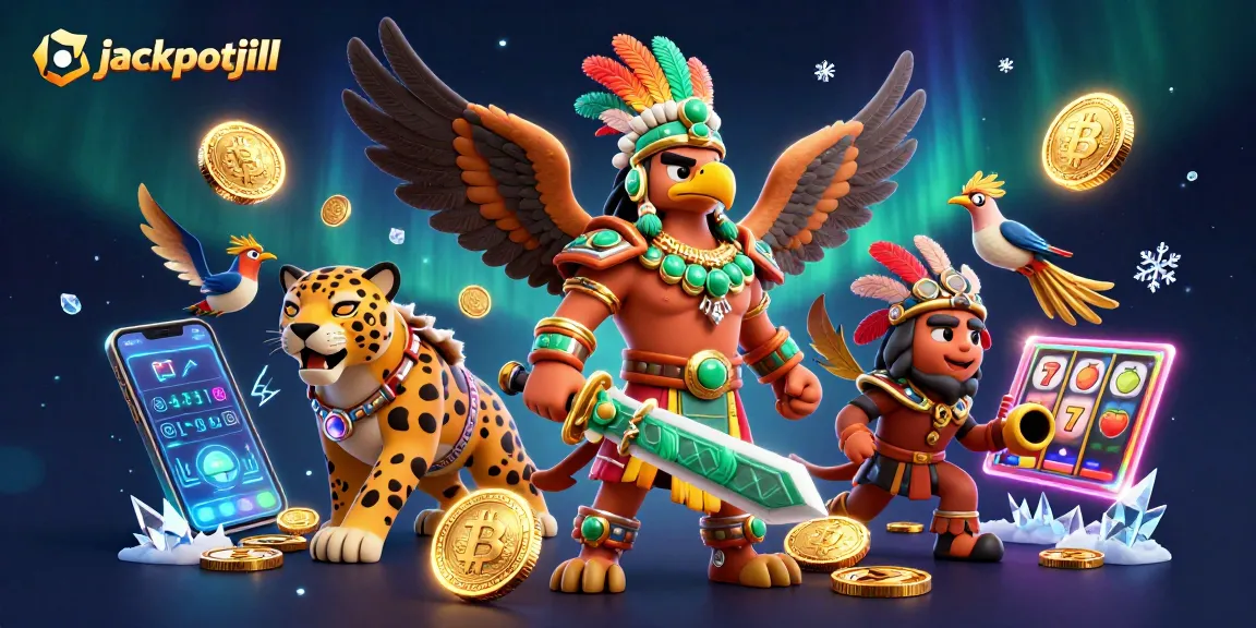 Engage with jackpotjill's vibrant 3D scene featuring an Aztec warrior and vibrant slot elements.
