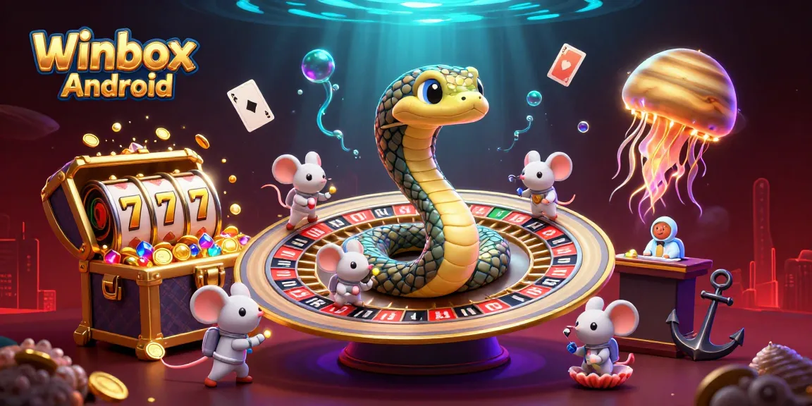 Bet on Winbox Android's immersive gaming experience with vibrant 3D illustration featuring casino themes.