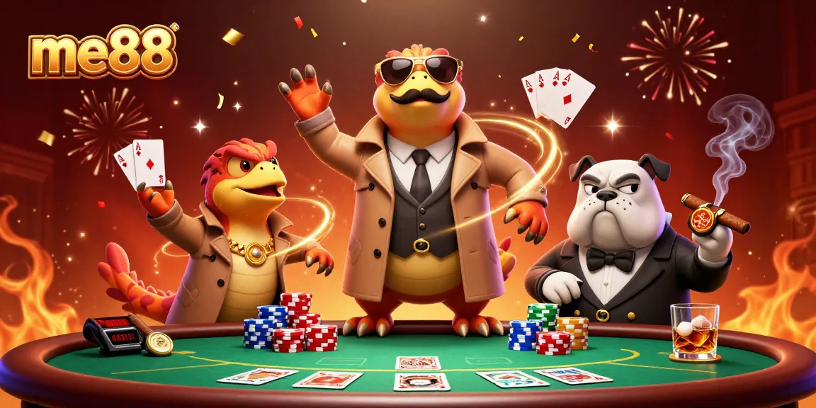 Experience me88's thrilling action with raptors and poker elements in a vibrant casino scene.