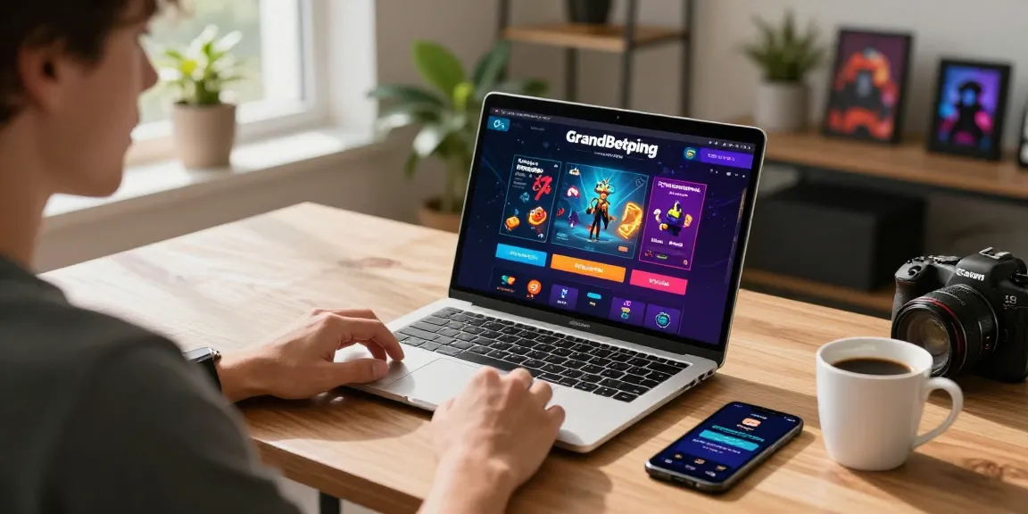 Player accessing Grandbetting online platform in a stylish home office.