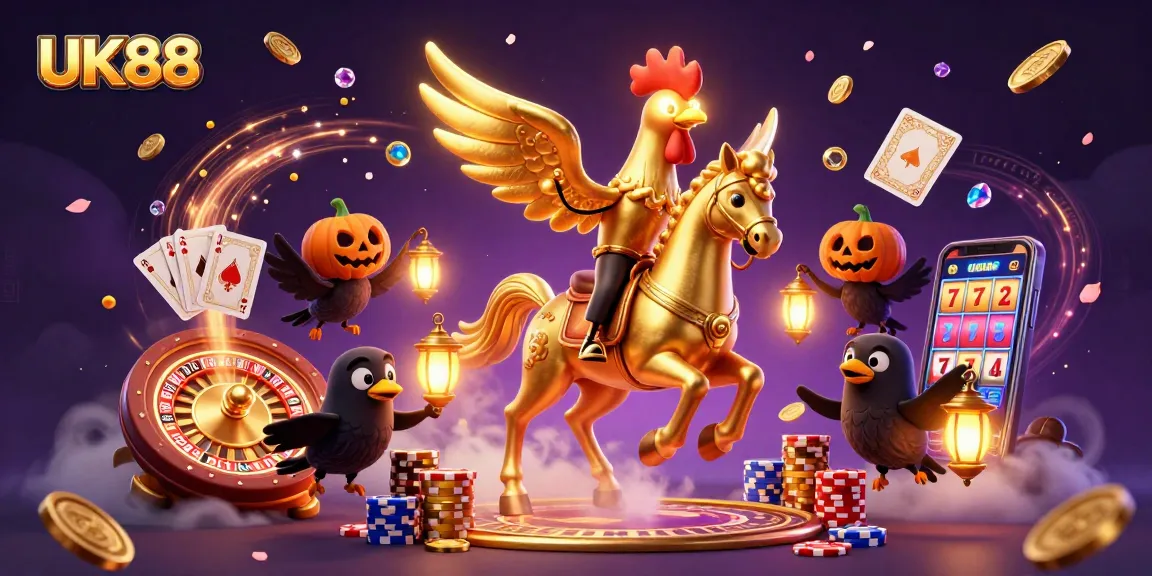 Experience the allure of UK88 with a vibrant casino scene featuring a golden rooster and ghostly visuals.