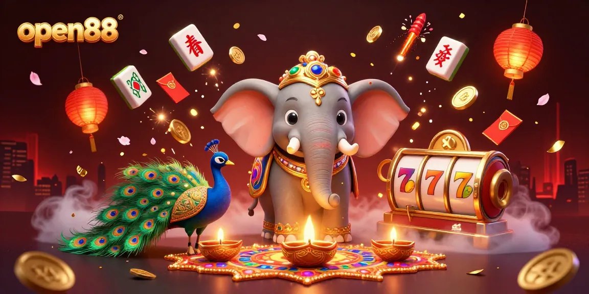 Spin the reels with open88 in a vibrant, festive casino scene featuring a Diwali-themed elephant and slot game elements.