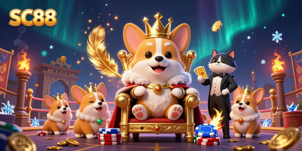 Experience the excitement of SC88 with a royal corgi gaming on a throne of poker chips.