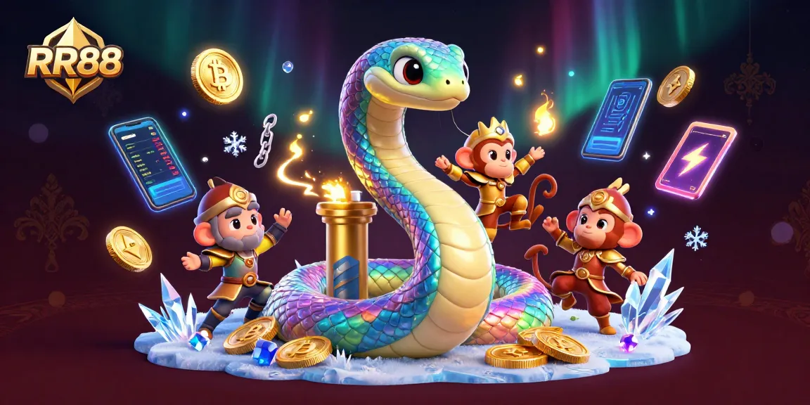 Play and win at RR88 with vibrant gaming elements featuring a magical rainbow serpent and crypto coins.