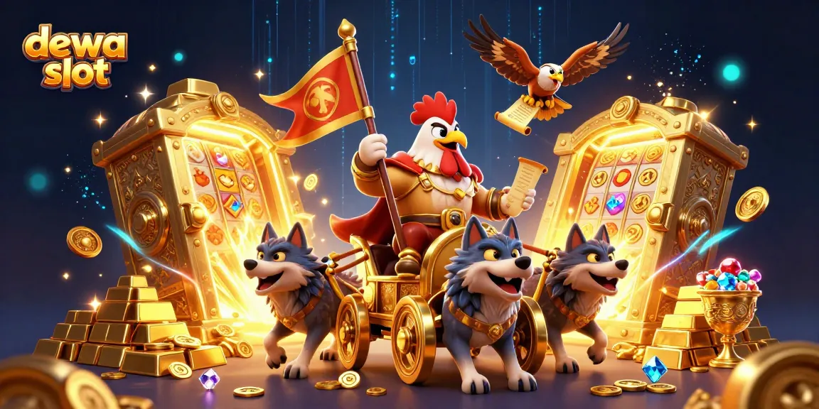 Menggenggam peluang dengan dewa slot, ilustrasi kartun 3D slot di arena menang jackpot yang mengagumkan.