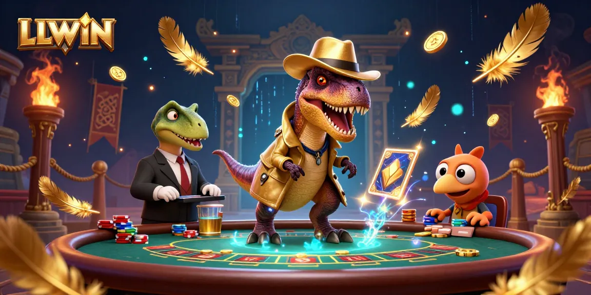 LLWIN features a velociraptor at a blackjack table, surrounded by exciting casino elements.
