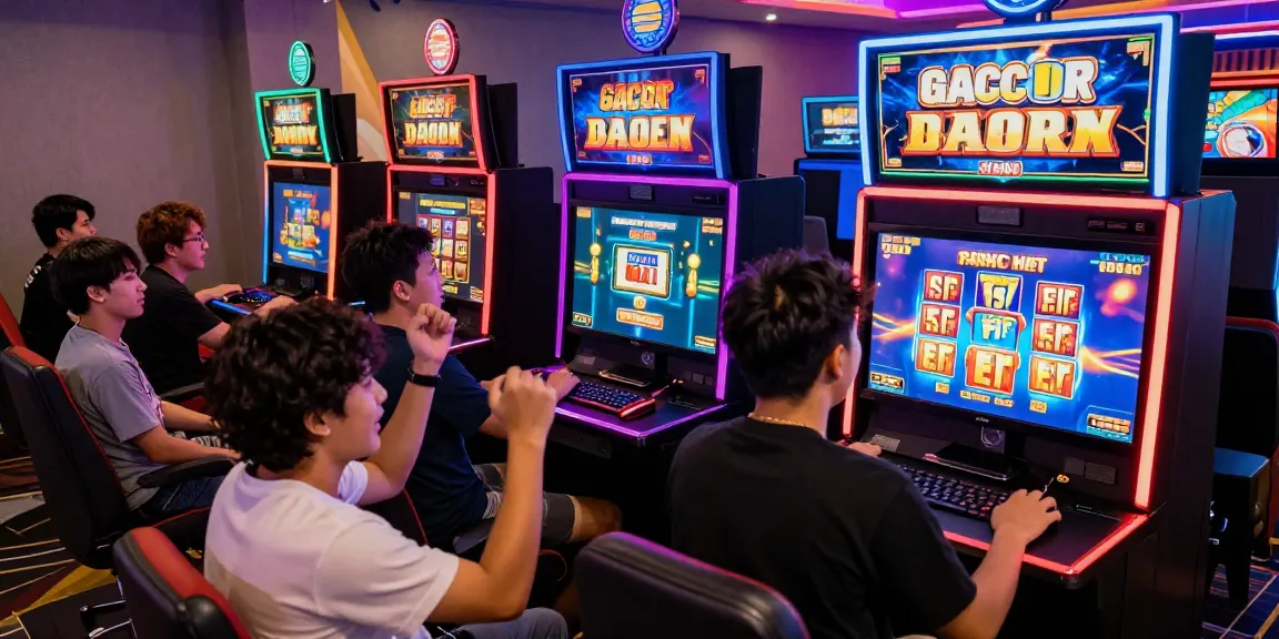 Slot gacor yang menarik dengan pemain merayakan kemenangan di lingkungan bermain yang ceria.