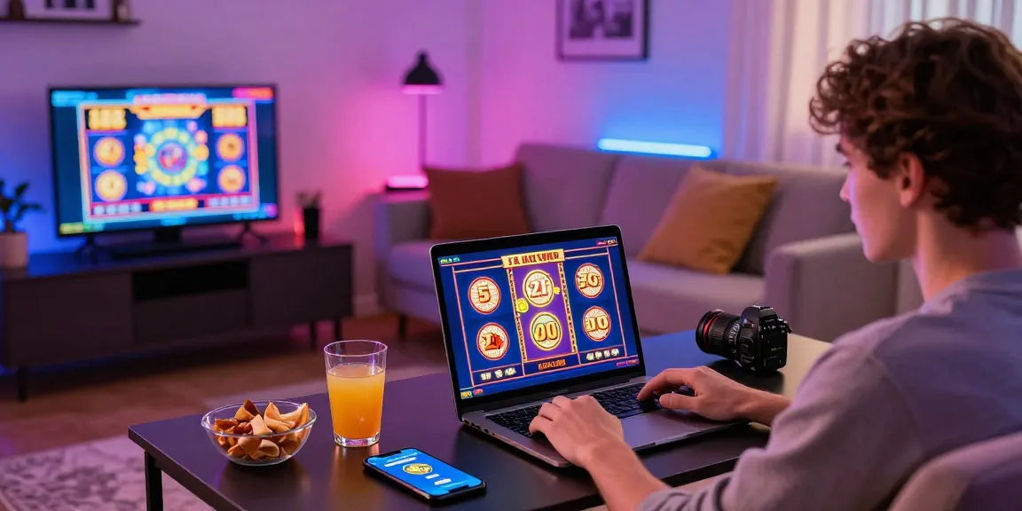 Pengguna bermain slot online dalam suasana rumah modern dengan tampilan permainan yang menyenangkan.