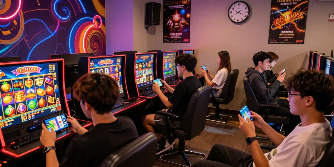 Engaging players experiencing QQHOLIC Slot Gacor & SlotQQ in a vibrant online gaming lounge.