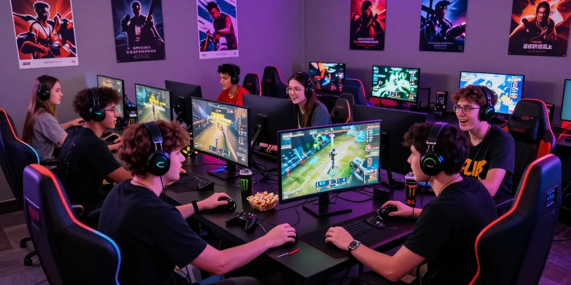 Excited gamers collaborating in hitclub gaming lounge with vibrant atmosphere.