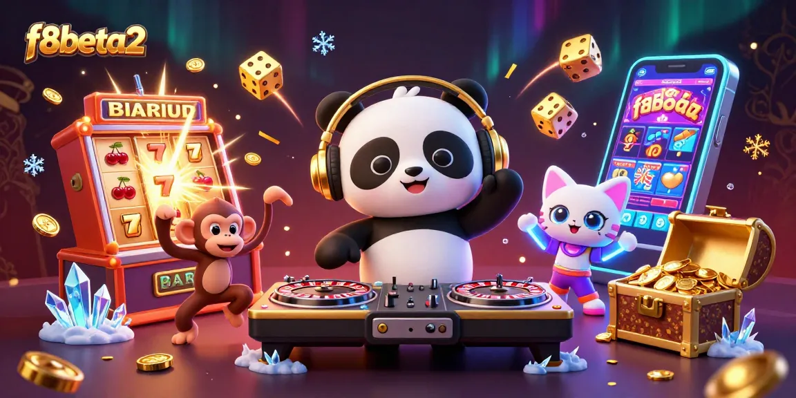 Experience excitement at f8beta2 with a DJ panda, dancing monkey, and glowing kitten in a lively casino scene.