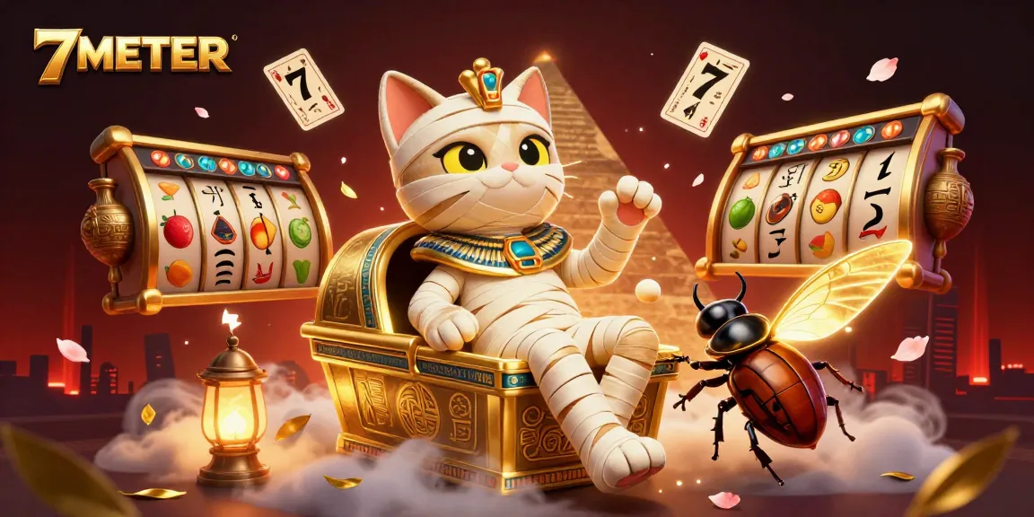 7METER showcases a vibrant casino scene with a mummy cat and scarab beetle, celebrating big jackpots in slots.