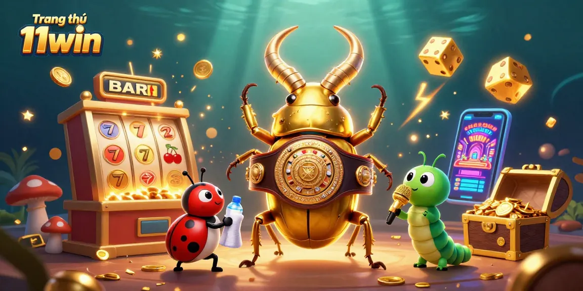 Trang chủ 11win showcases vibrant 3D illustration of a golden stag beetle champion, highlighting casino excitement.