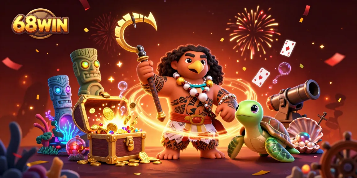 Experience the excitement of 68WIN with a vibrant 3D casino illustration featuring treasure and gaming elements.