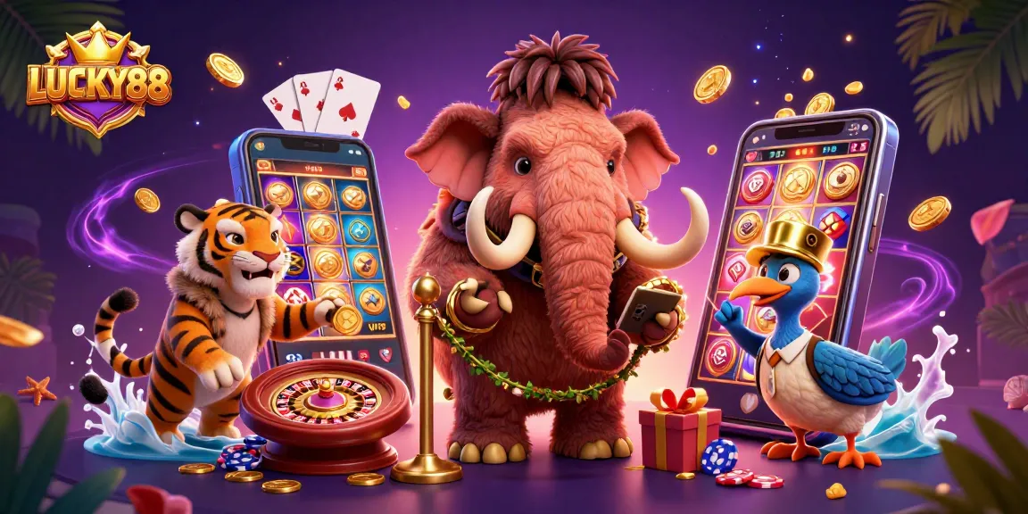 LUCKY88 bounces into action as a woolly mammoth checks IDs for VIP casino entrance.