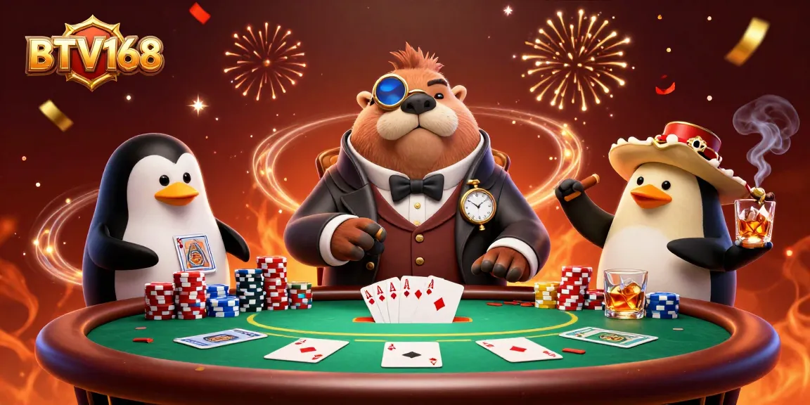 Play poker with BTV168's jolly walrus and friends in a vibrant underwater setting.