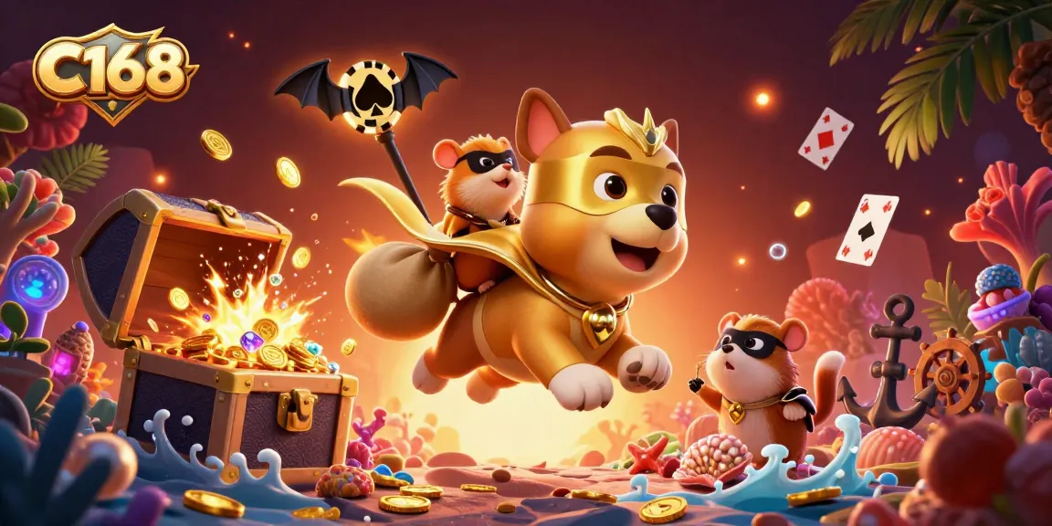 C168 players explore a vibrant 3D casino adventure with gold coins and poker symbols.