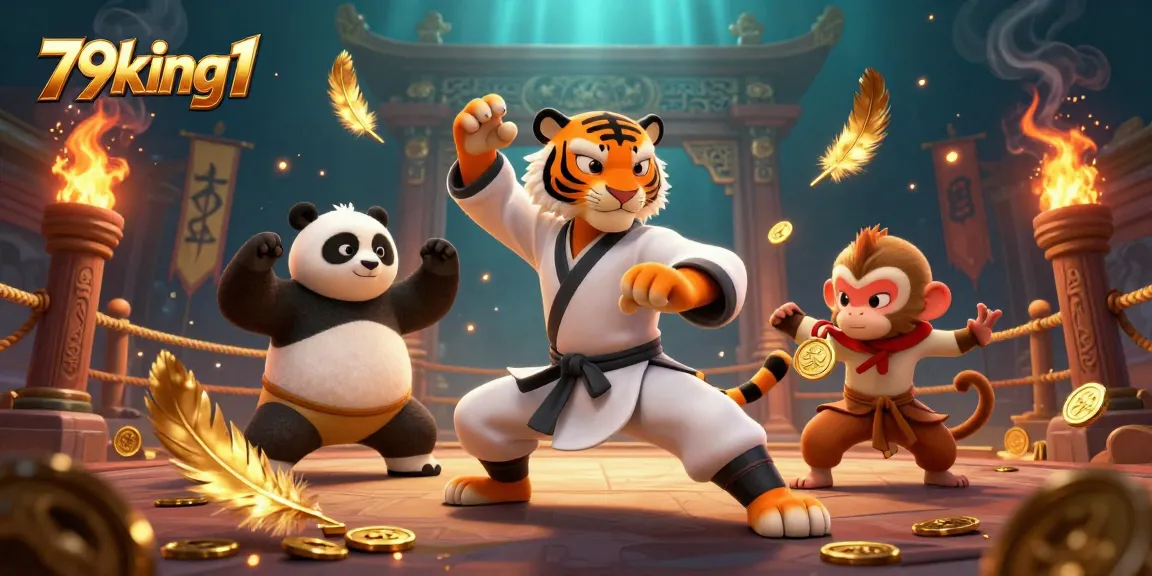 Engage with 79king1 in a lively casino scene featuring kung fu tiger, panda, and monkey amid dynamic gold elements.