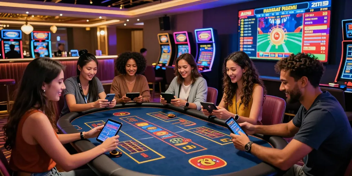 Friends enjoying gaming at 78win com's online casino in a vibrant atmosphere.