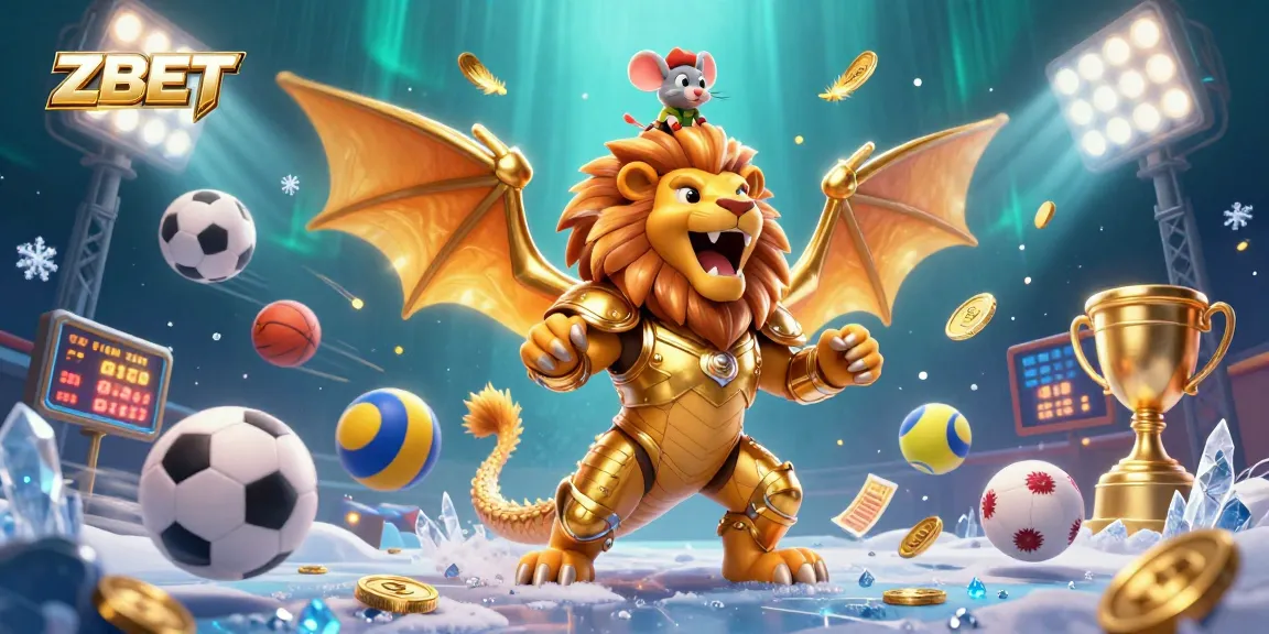 ZBET features a triumphant chimera with a brave mouse jockey, surrounded by dynamic sports betting elements.