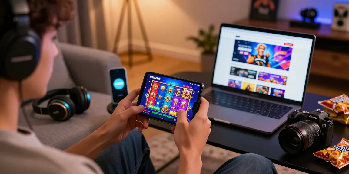 Player enjoying Mega888 ios games in a cozy living room, showcasing vibrant graphics and gaming accessories.