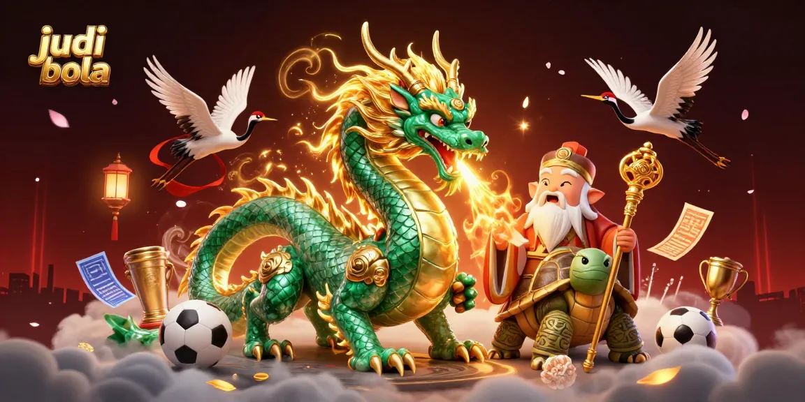 Bet on judi bola with the emerald jade dragon and lucky cranes in a vibrant casino scene.