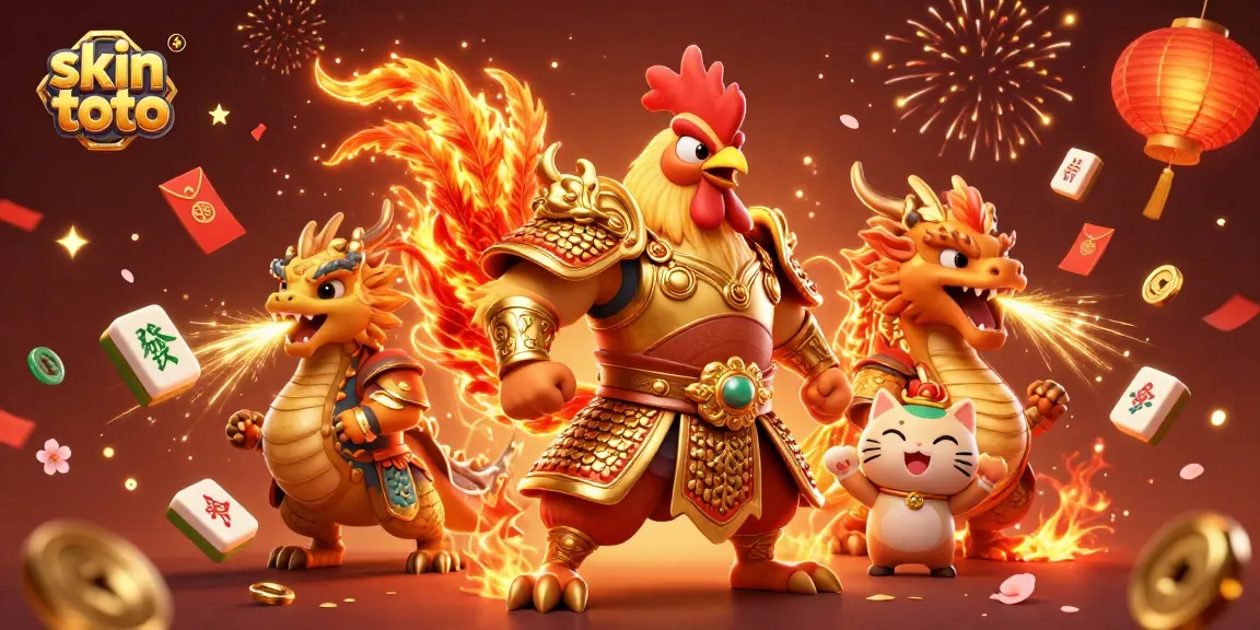 Menggambarkan skin toto dengan seekor ayam jantan samurai dan naga berkilau di arena perjudian yang meriah.